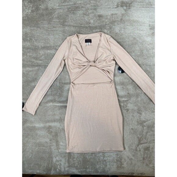 Hot Miami style NUDE V NECK KNOTTED CUT OUT LONG SLEEVE DRESS Size L - Picture 5 of 12